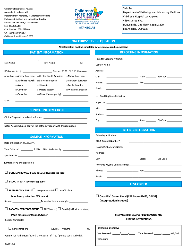  Oncokids Test Requisition Patient Information Sample 2018-2024