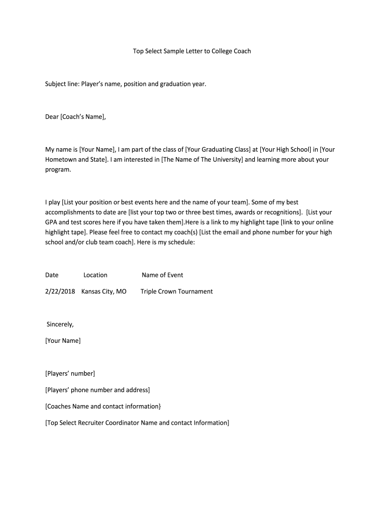 Sample Letter to College Coach  Form