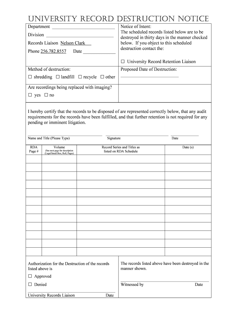 Records Retention and Destruction Form