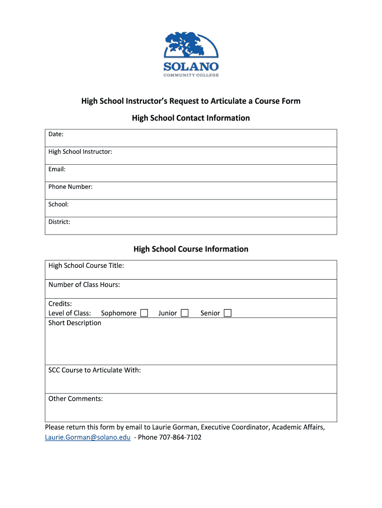 High School Instructors Request to Articulate a Course  Form