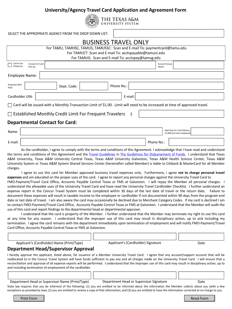  UniversityAgency Travel Card Application and Agreement Form 2018-2024