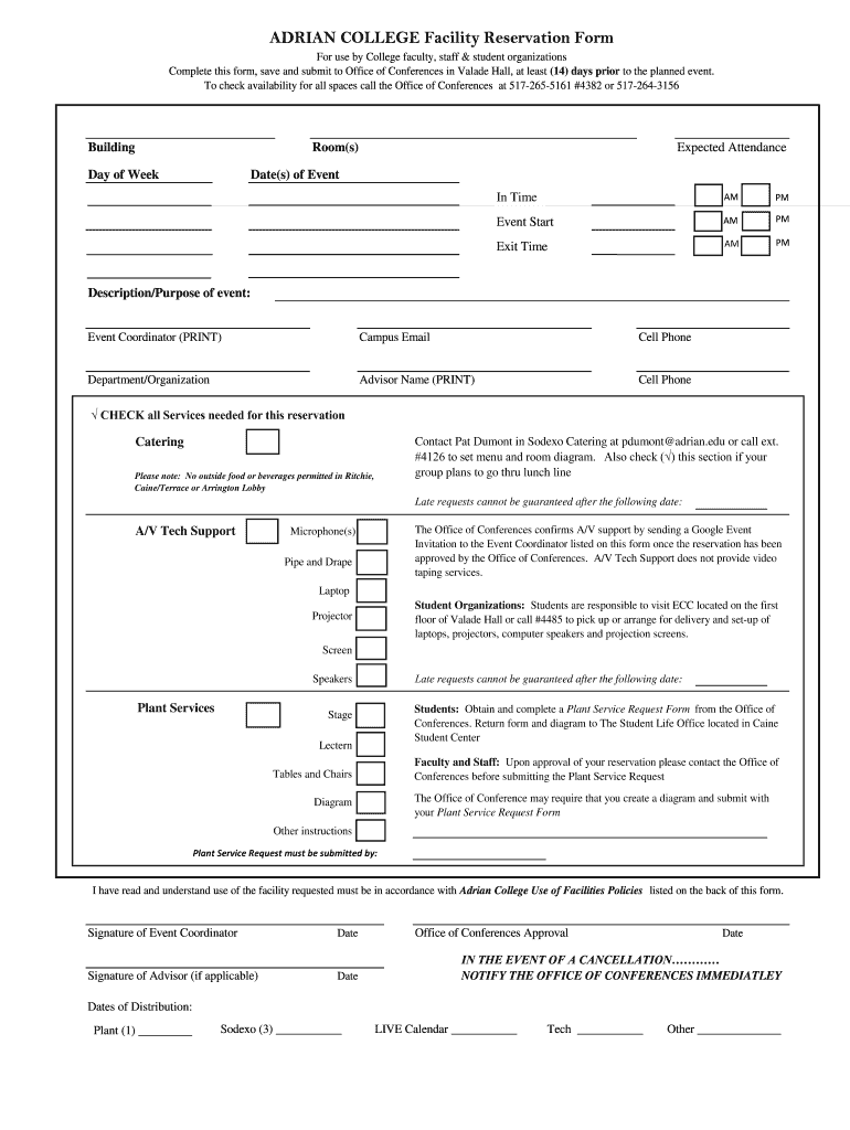 ADRIAN COLLEGE Facility Reservation Form