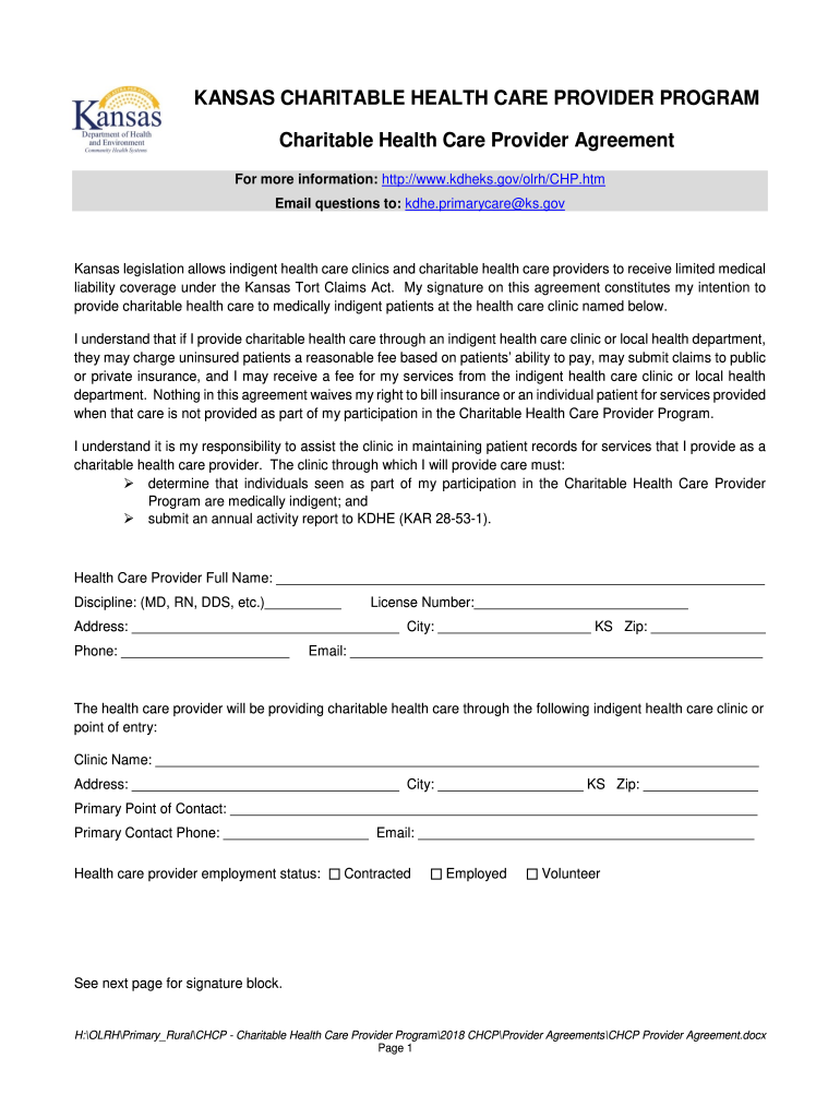 KANSAS CHARITABLE HEALTH CARE PROVIDER PROGRAM Point of  Form