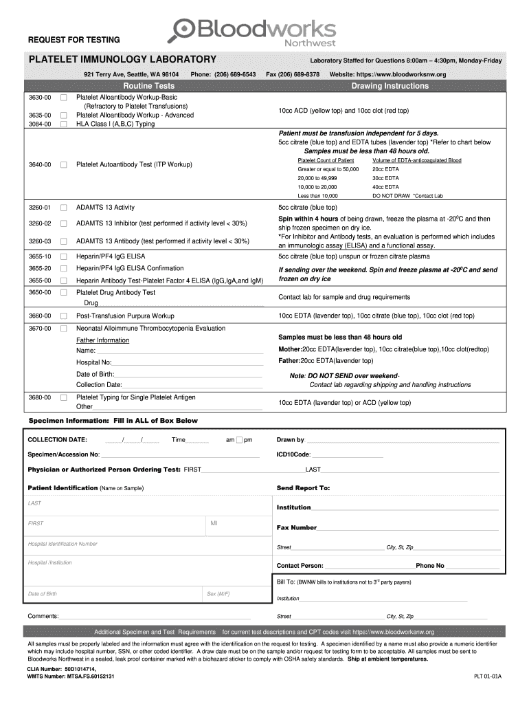  Request for Testing Hemostasis Reference Laboratory Fill in 2019-2024