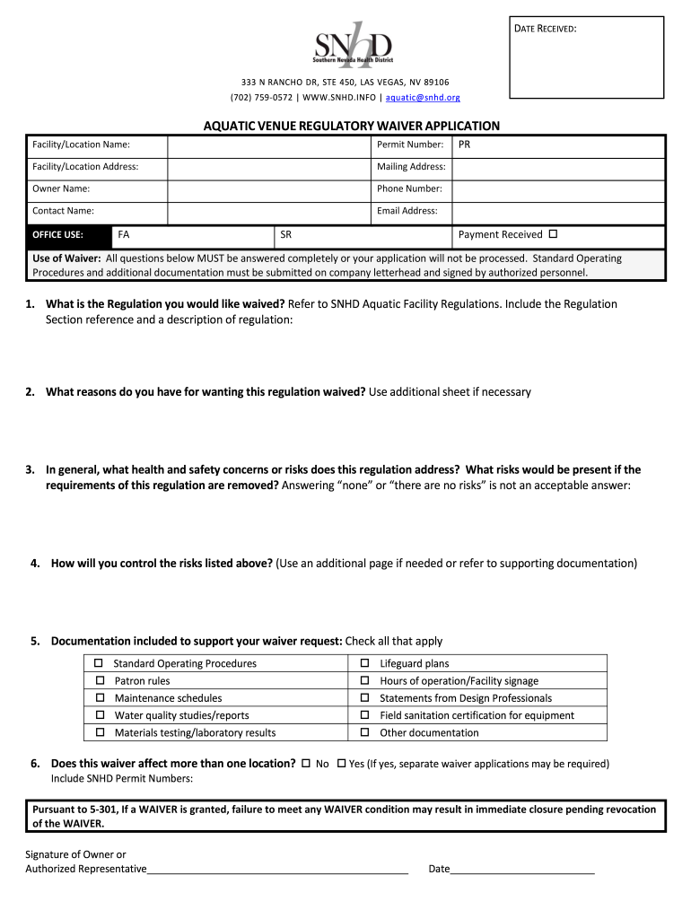 Aquatic Facility Forms and Documentation Southern Nevada