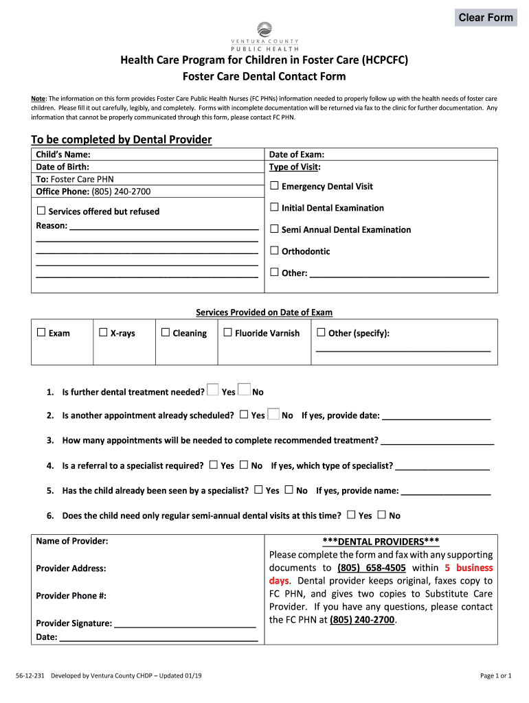 Foster Care Dental Contact Form DOCX