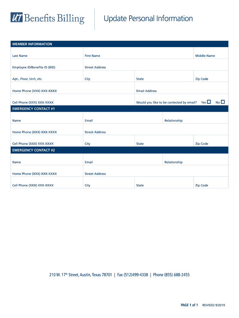  Personal Information and Emergency Contact Form UT System 2019-2024