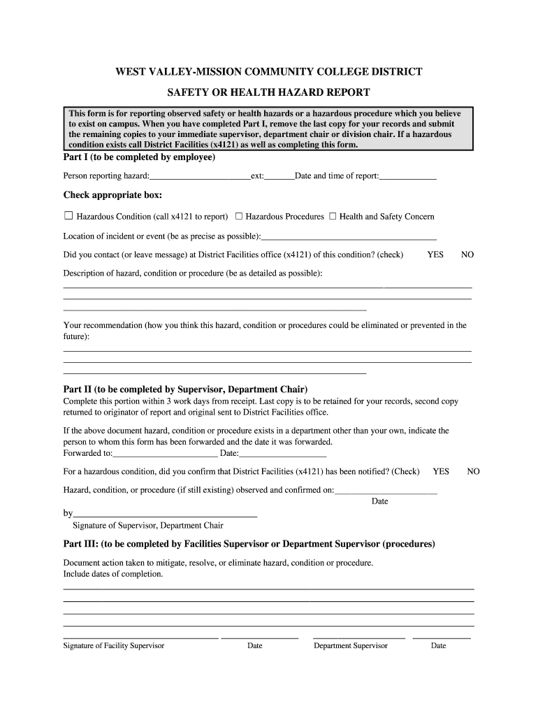 WCMC Safety Health Hazard Report West Valley Mission  Form