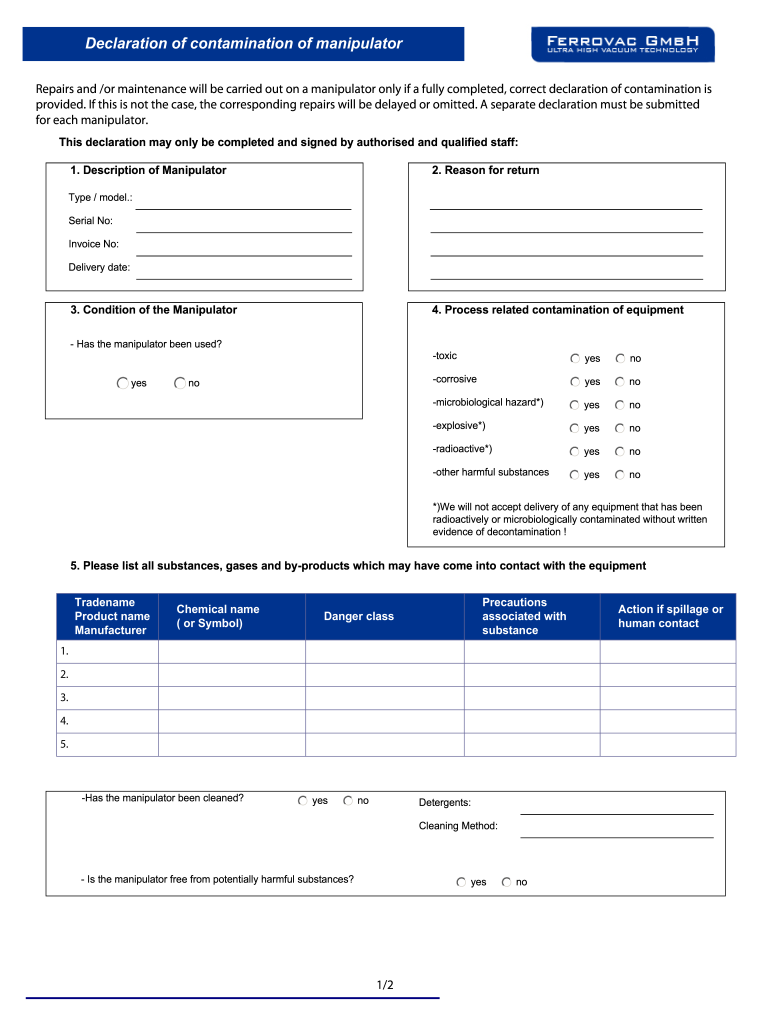 Declaration of Contamination of Manipulator Ferrovac GmbH  Form