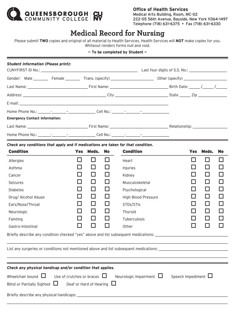 Nursing Program Medical Record Form