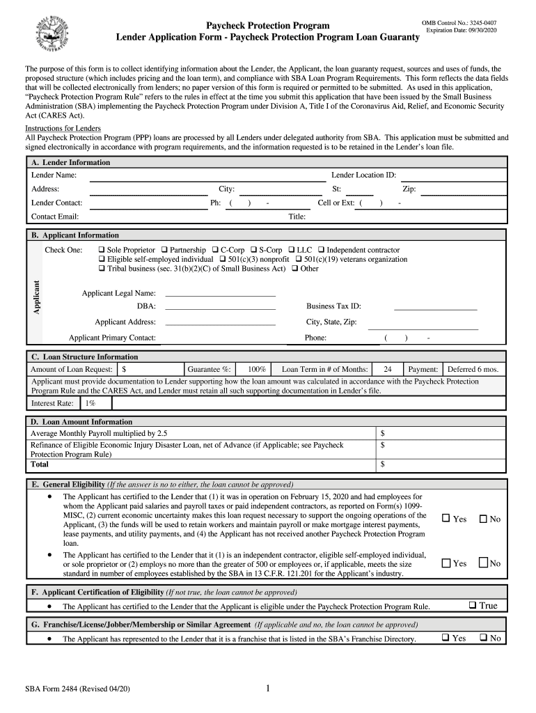 Paycheck Protection Program Lender Application Form