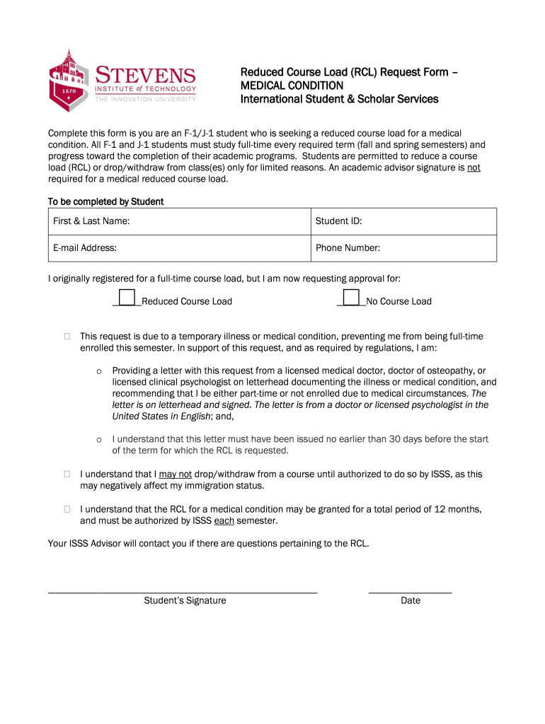 Reduced Course Load RCL Request Form MEDICAL CONDITION