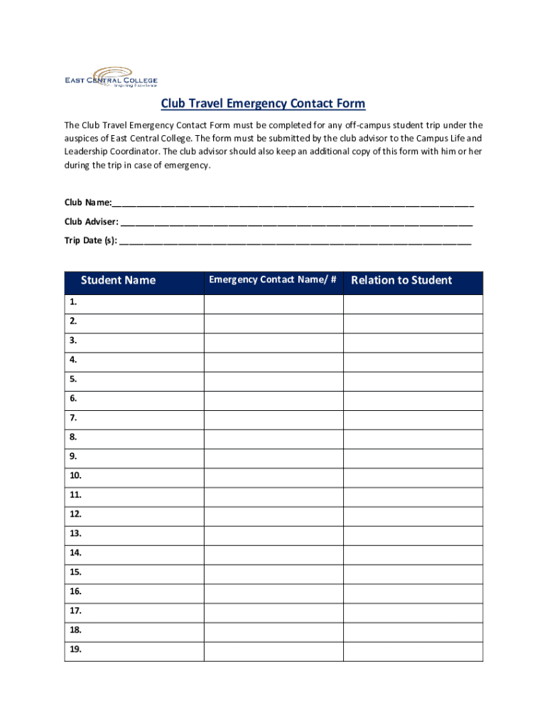 Club Travel Emergency Contact Form the Club Travel