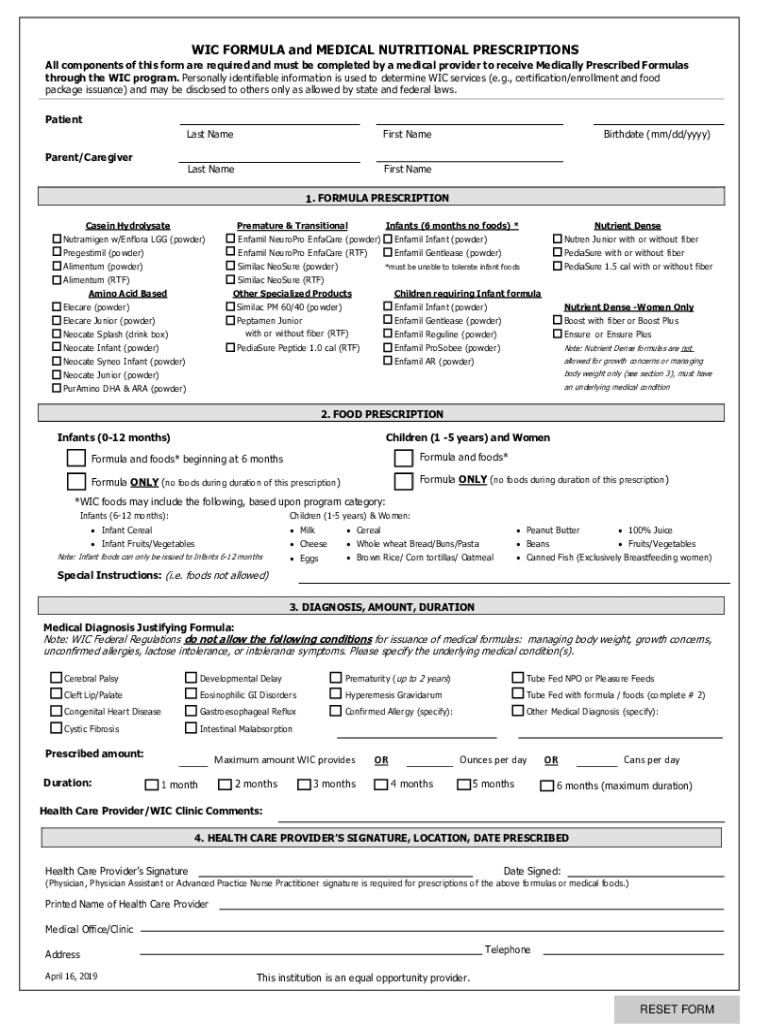 WIC FORMULA and MEDICAL NUTRITIONAL PRESCRIPTIONS