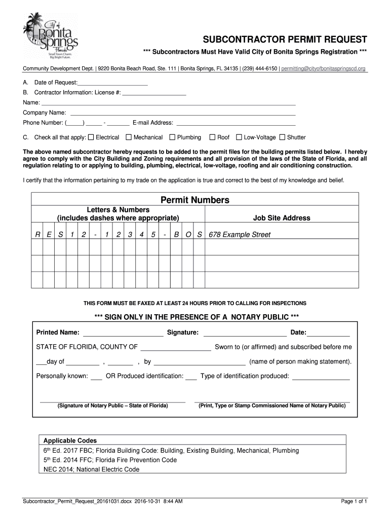 City of Bonita Springs Subcontractor Form