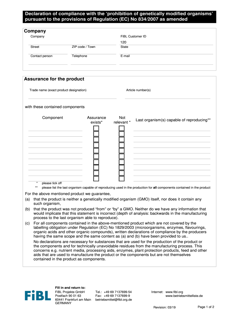  Declaration of Compliance with the Prohibition of GMO Input List for Organic Agriculture 2019