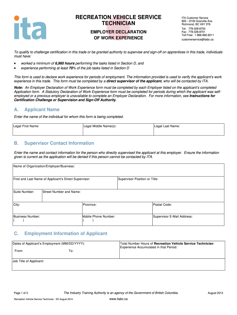 Get and Sign Recreation Vehicle Service Technician ITA BC 2012 Form