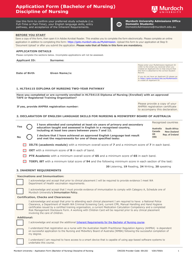 Application Form Bachelor of Nursing Discipline of Nursing