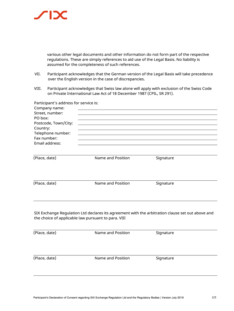  Participants Declaration of Consent Regarding SIX Exchange Regulation Ltd and the Regulatory Bodies 2019-2024