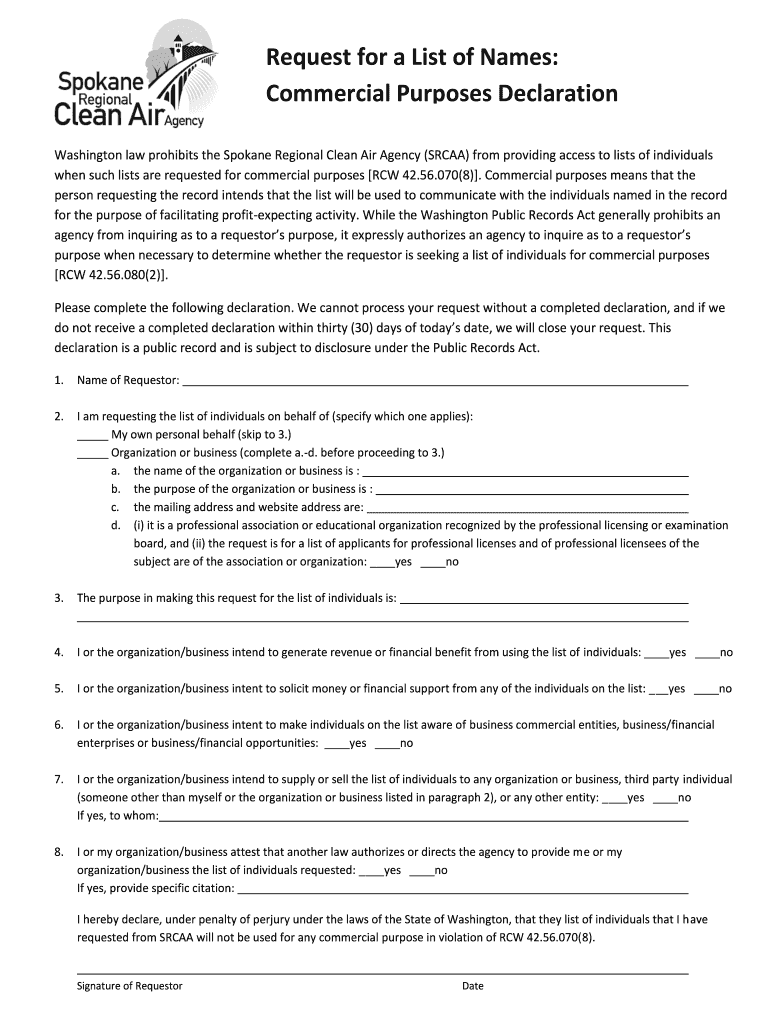 Request for a List of Names Commercial Purposes Declaration  Form