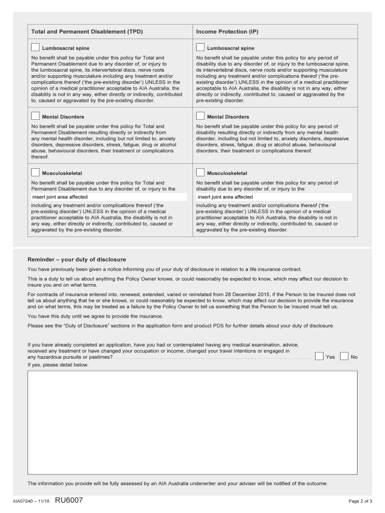 Life Insurance Pre Assessment Form White Label AIA Australia