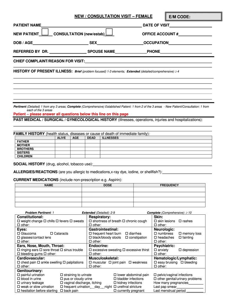 New Consultation Visit Female Em Code Tower Urology  Form