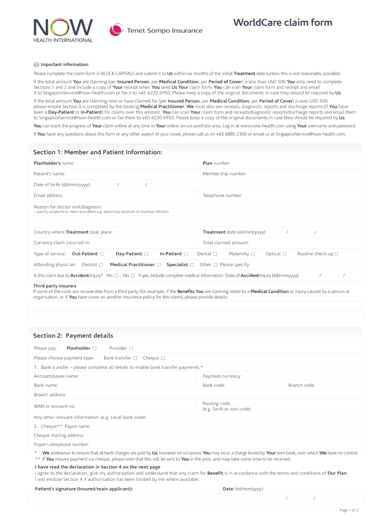  Fillable Online WorldCare Claim Form Now Health Fax Email Print 2014