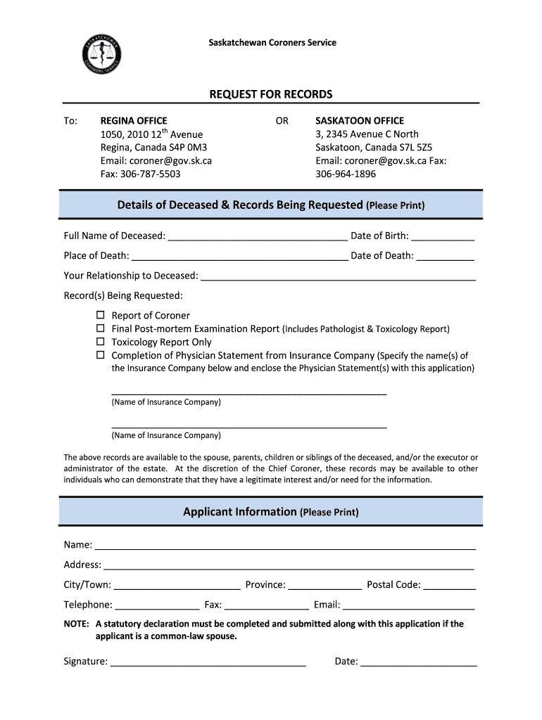 Saskatchewan Coroners Service Request for Records Form