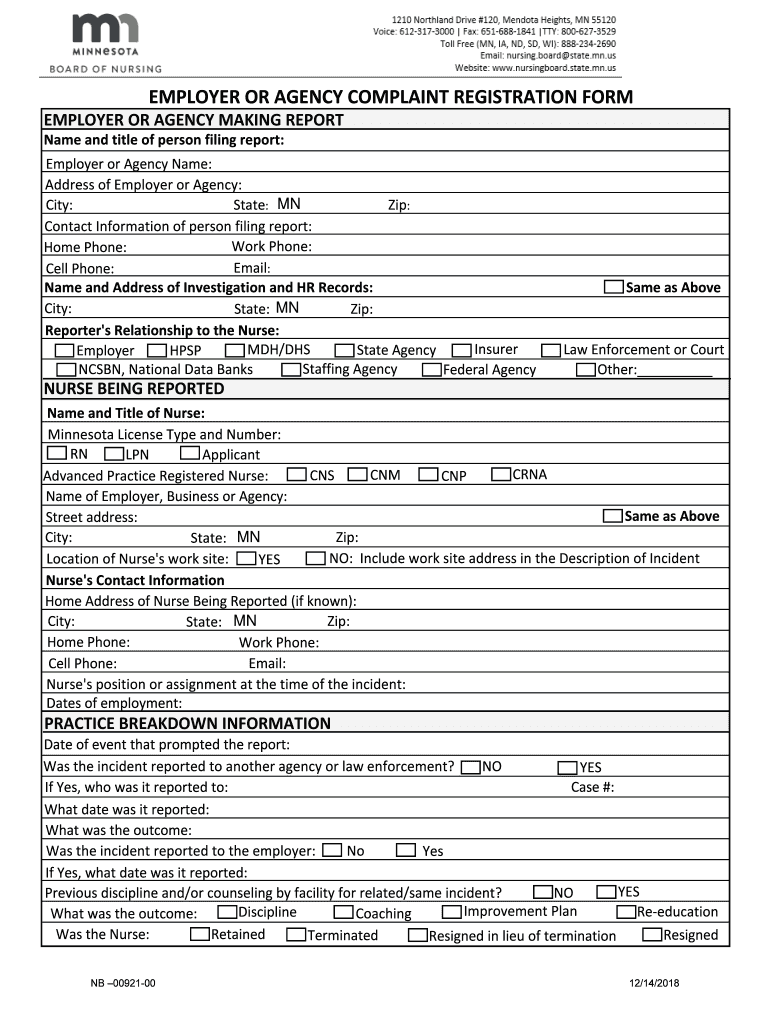 EMPLOYER or AGENCY COMPLAINT REGISTRATION FORM Minnesota