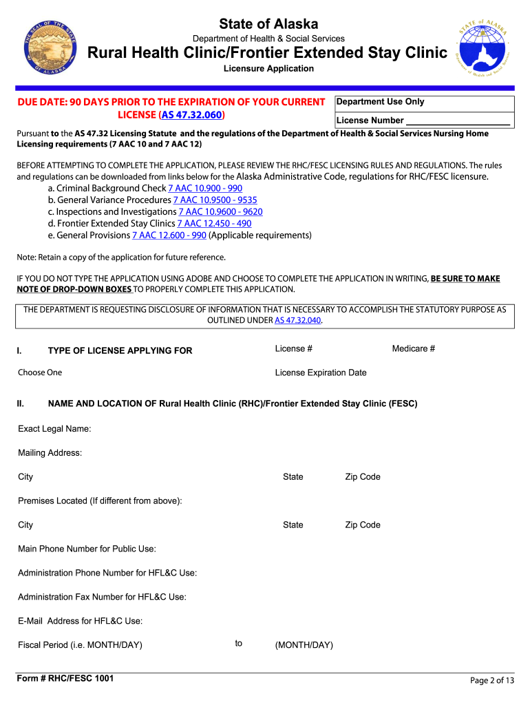 Application for Rural Health ClinicFrontier Extended Stay Clinic Licensure Form