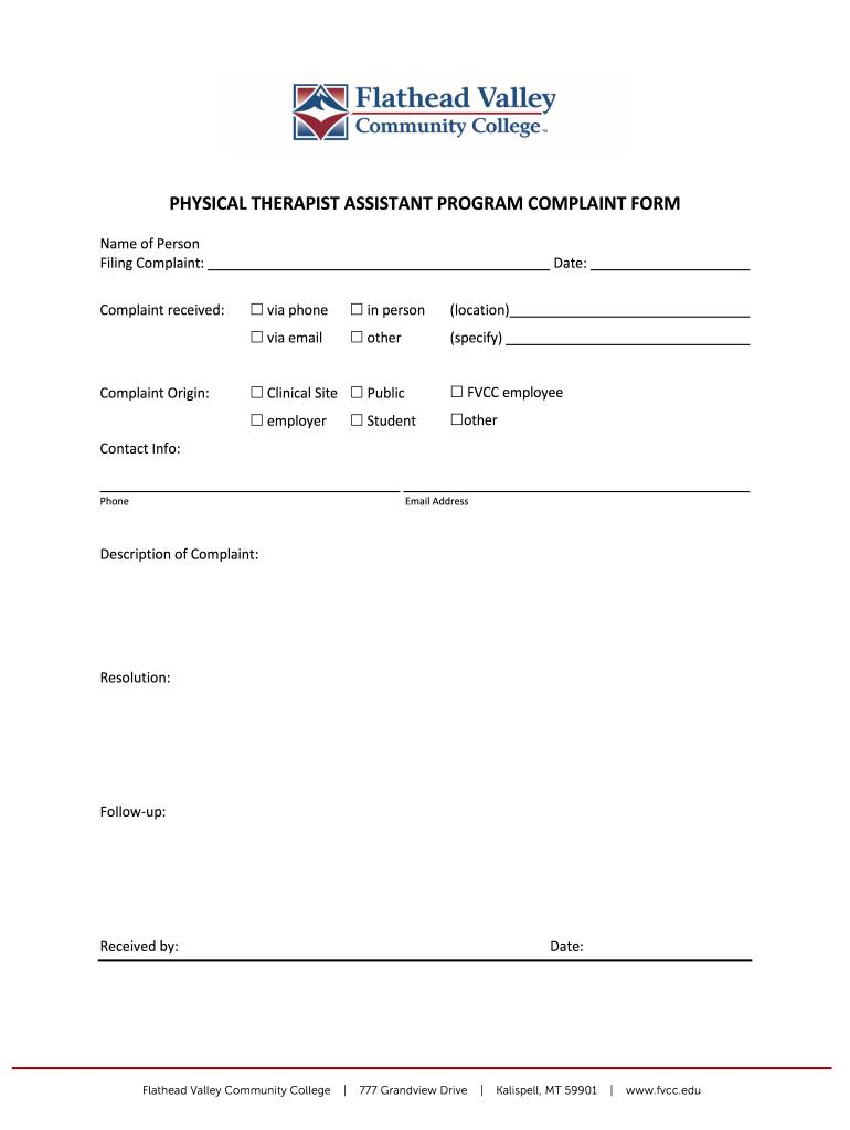 PHYSICAL THERAPIST ASSISTANT PROGRAM COMPLAINT FORM