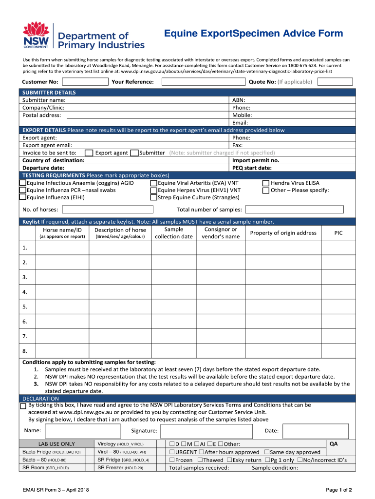 Equine Export Specimen Advice Form NSW Department of