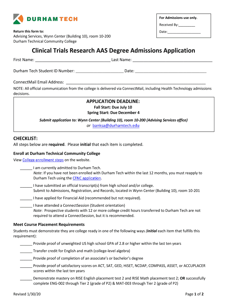 Clinical Trials Research AAS Degree Admissions Application  Form