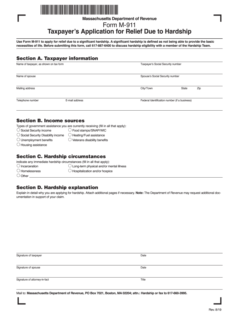  Form M 911 Taxpayer's Application for Relief Due to Hardship 2019-2024