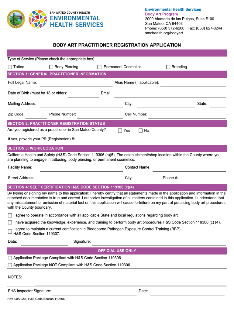Body Art Practitioner Registration Application Form San