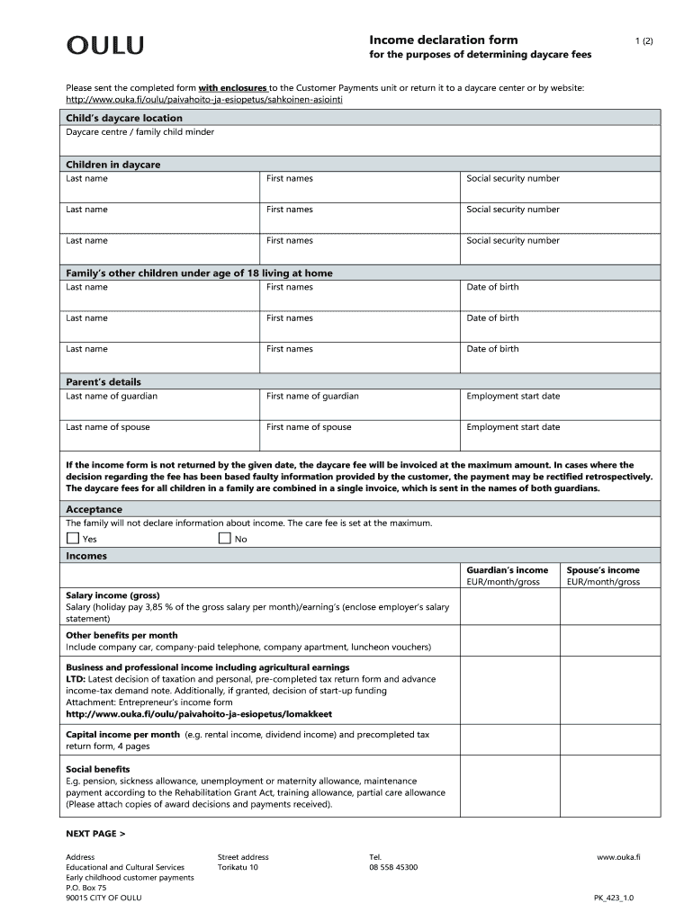Income Declaration Form for the Purposes of Determining Day Care Fees