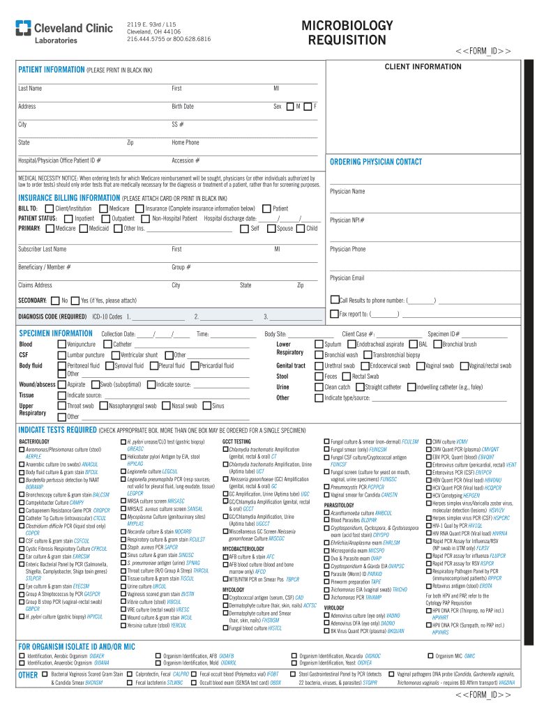 Microbiology Requisition Cleveland Clinic Laboratories  Form