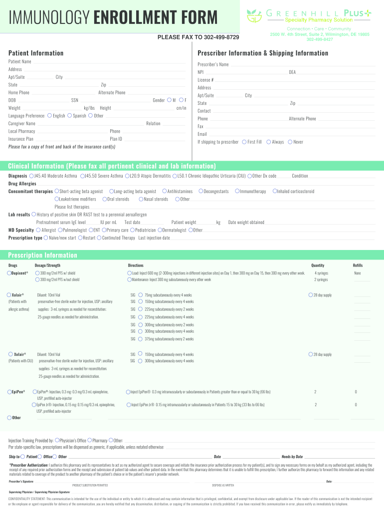 Immunology Enrollment Form Greenhill Pharmacy