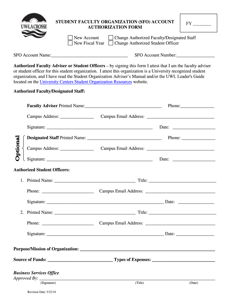 STUDENT FACULTY ORGANIZATION SFO ACCOUNT AUTHORIZATION FORM