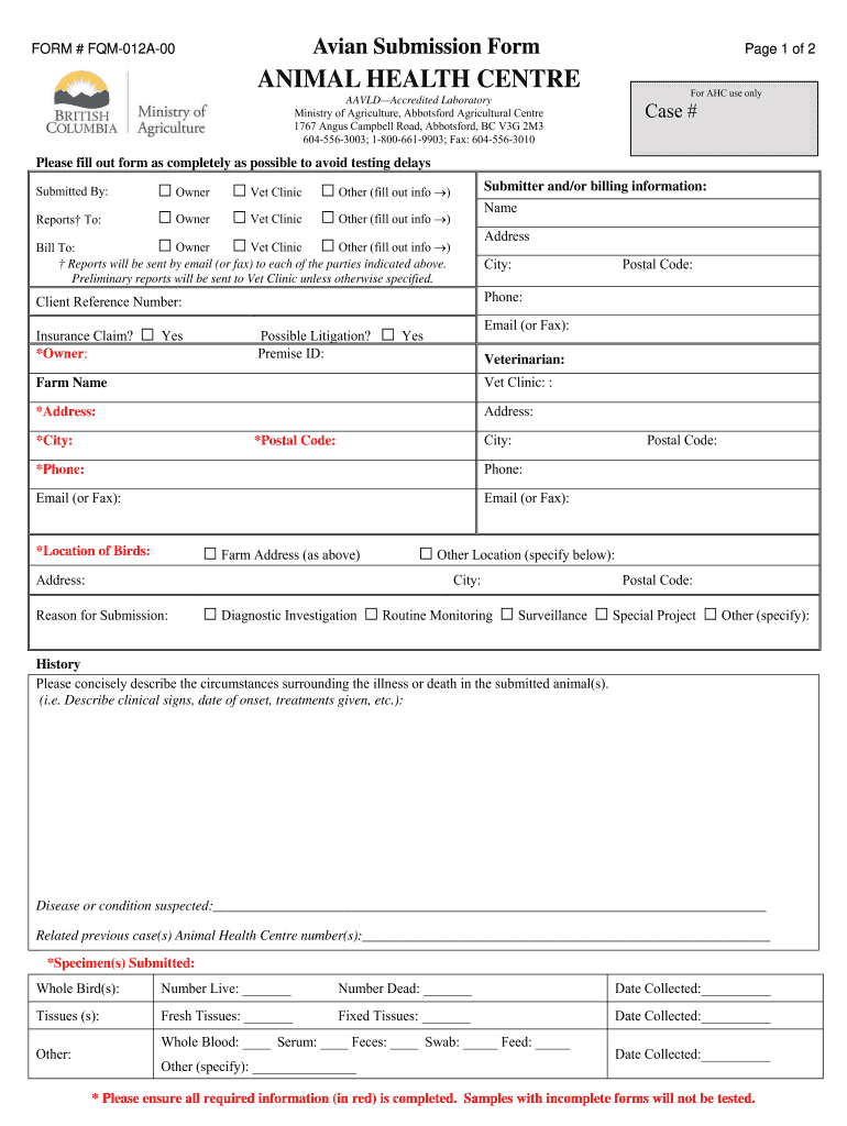 Animal Health Centre Province of British Columbia  Form