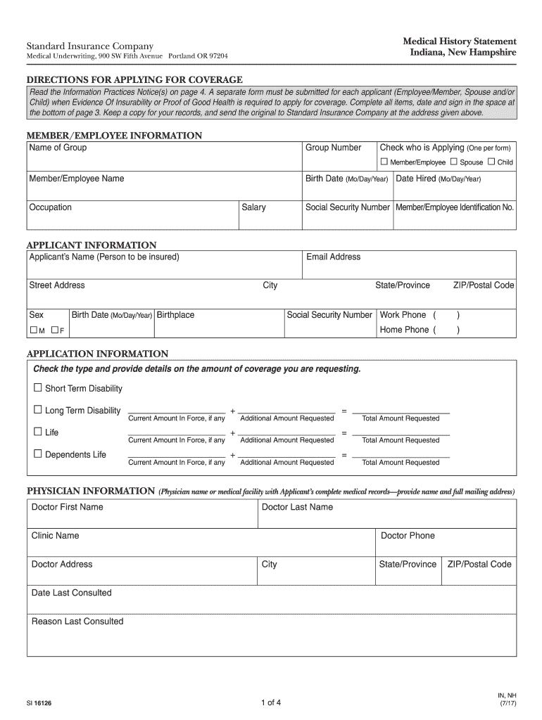 Medical History Statement Long Form Indiana New Hampshire, 16126 PDF GR 89914