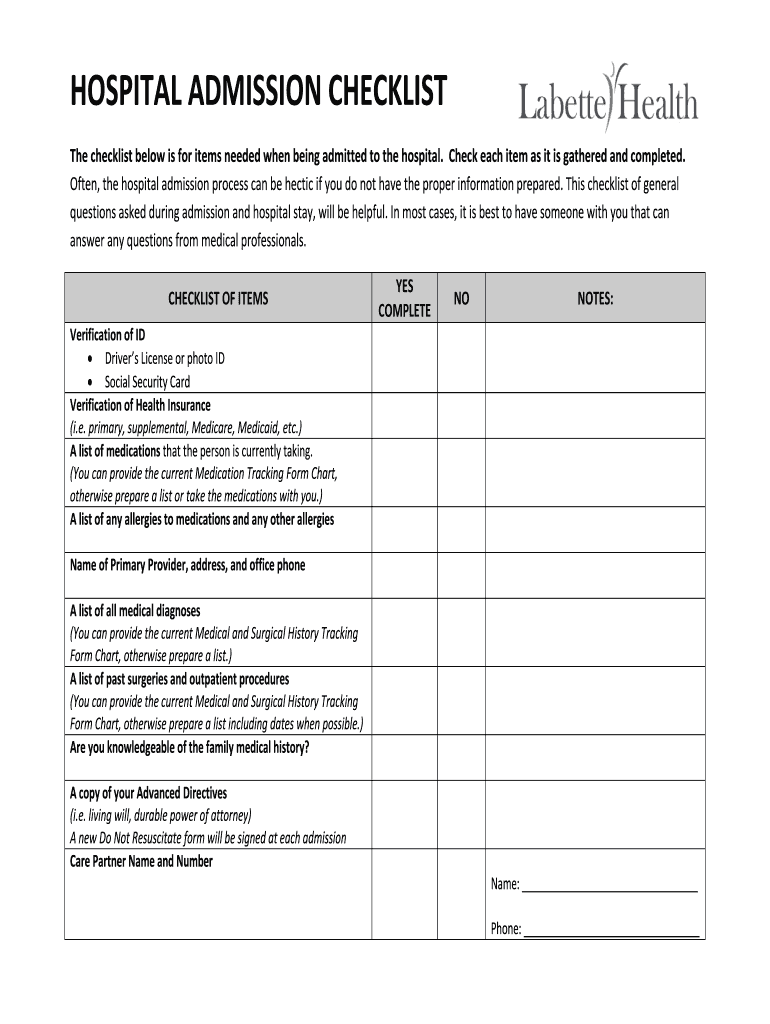 HOSPITAL ADMISSION CHECKLIST  Form