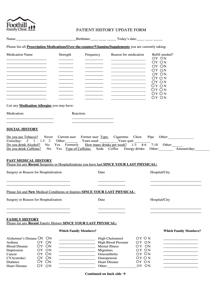 UPDATE HISTORY FORM2 Foothill Family Clinic Draper