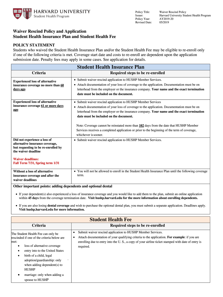 Get and Sign Student Health Insurance Plan Student Health Fee Harvard 2019-2022 Form