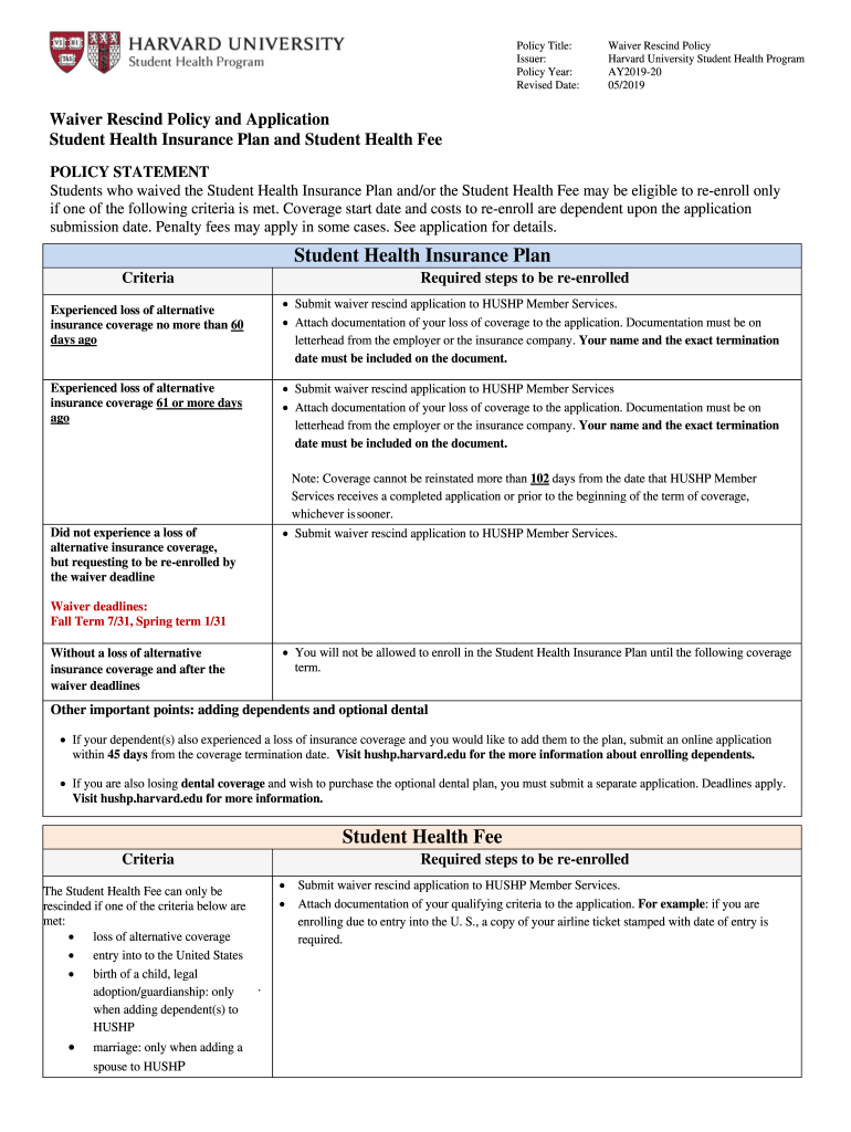  Student Health Insurance Plan Student Health Fee Harvard 2019-2024