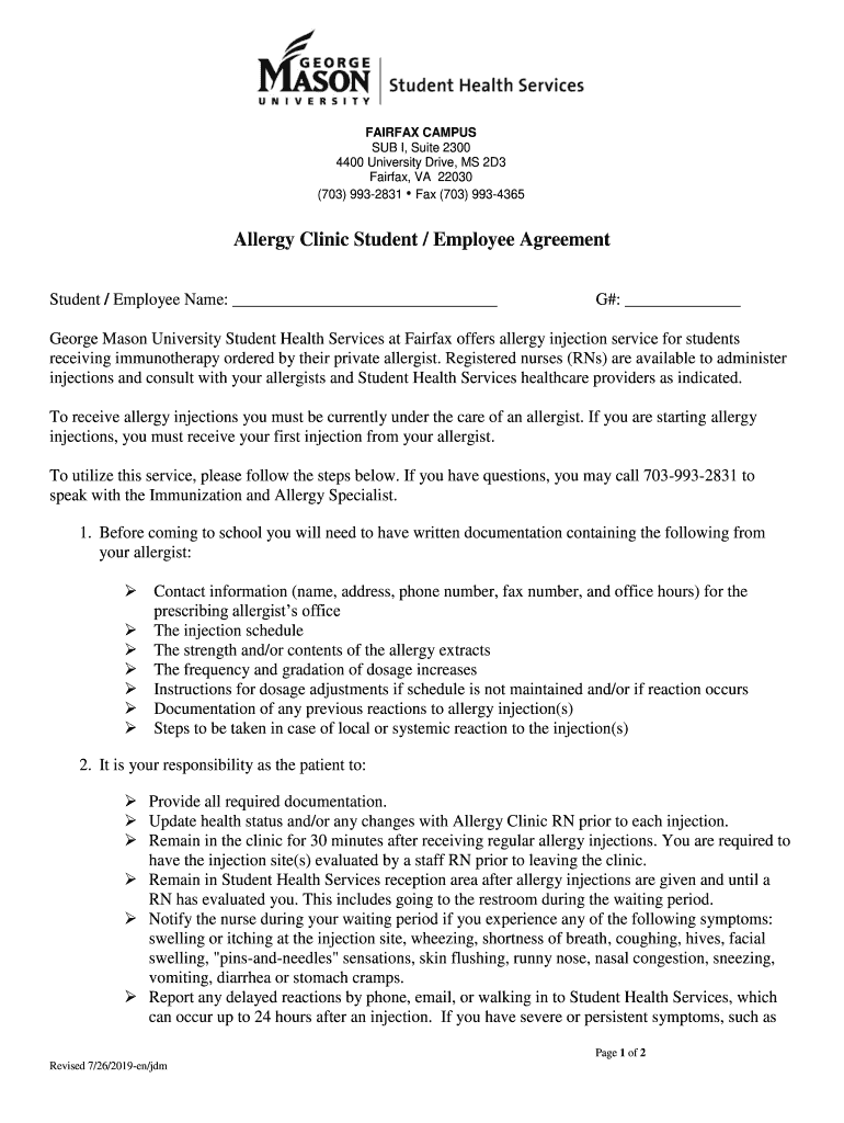 George Mason University Student Health Services Allergy Clinic StudentEmployee Agreement Form
