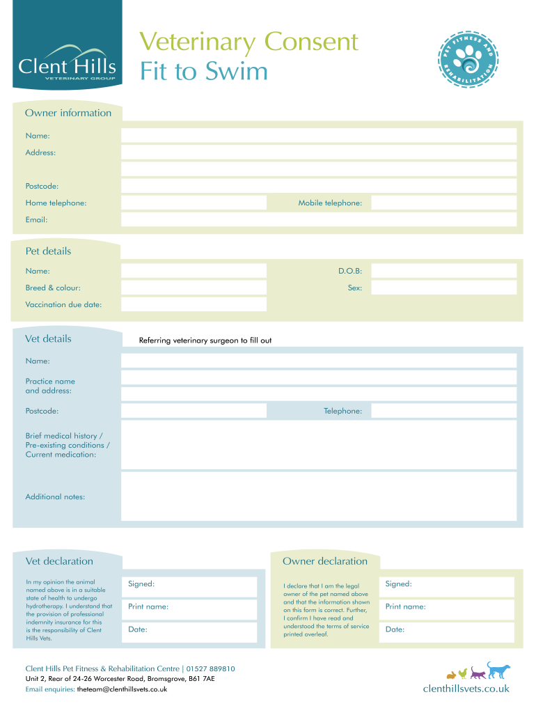 Veterinary Consent Fit to Swim Clent Hills Vets  Form