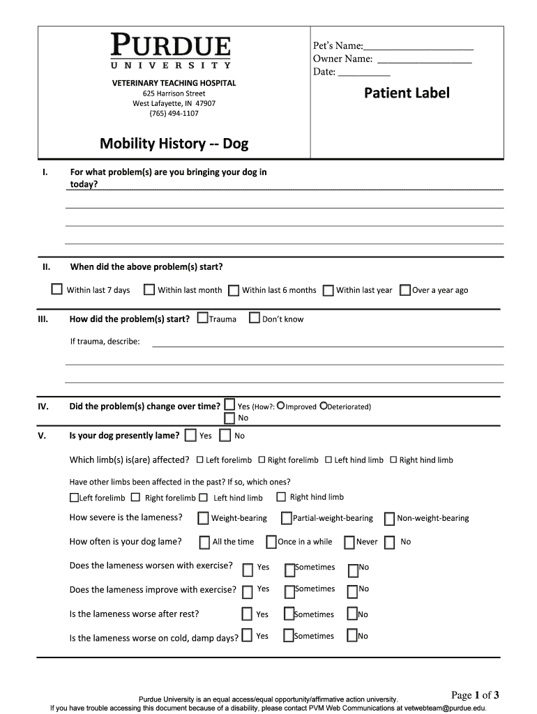  Ortho Mobility History Form Dog FINAL 10 20 DOC 2016-2024