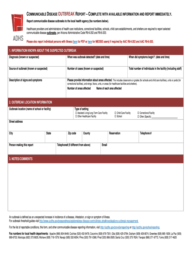 Communicable Disease Outbreak Report Arizona Department  Form