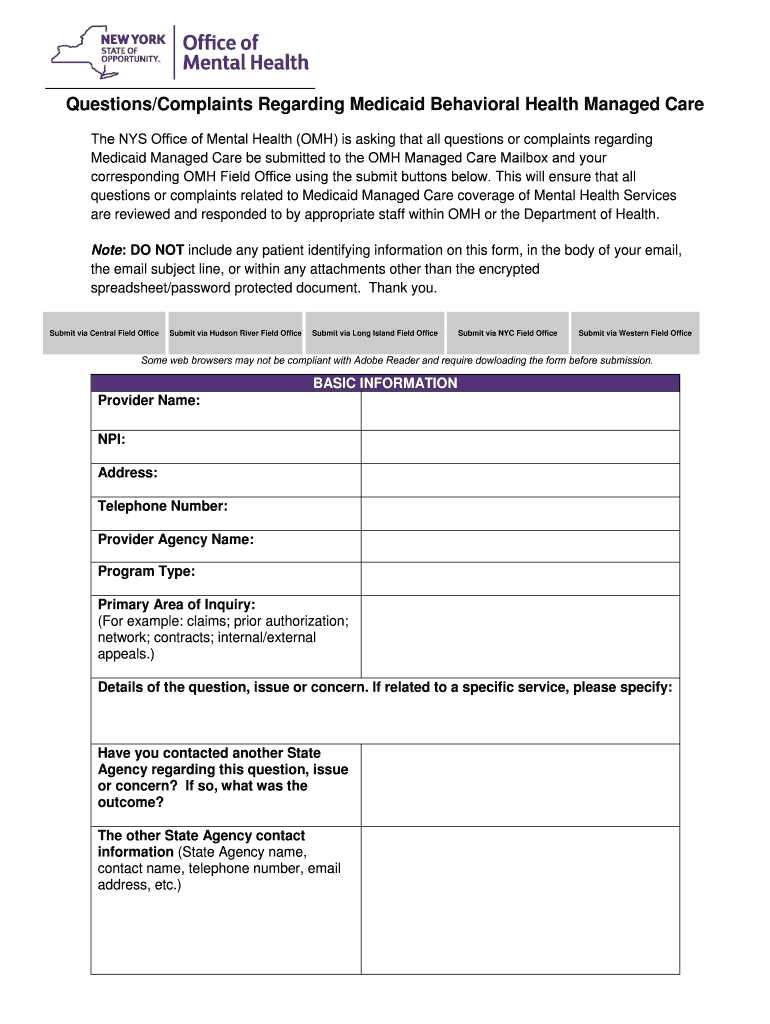 QuestionsComplaints Regarding Medicaid Behavioral Health  Form